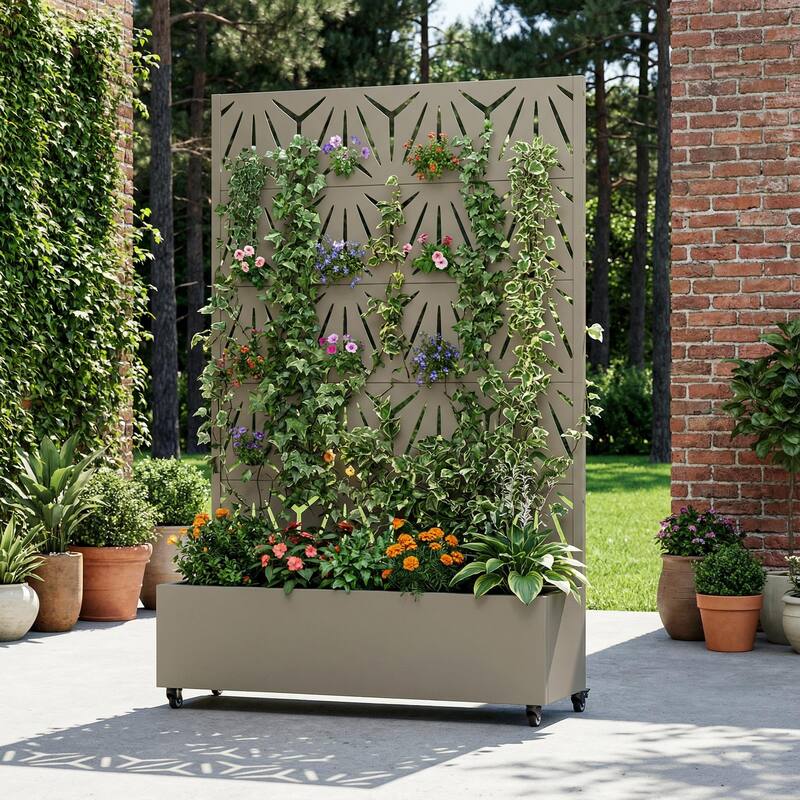 Metal Galvanized Planter Box with Trellis Privacy Screen Lockable Wheels - Olive Grey-Rectangle - 72"x47"