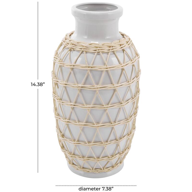 Ceramic Handmade Decorative Vase with Woven Rattan Exterior - White - Roche River Decor