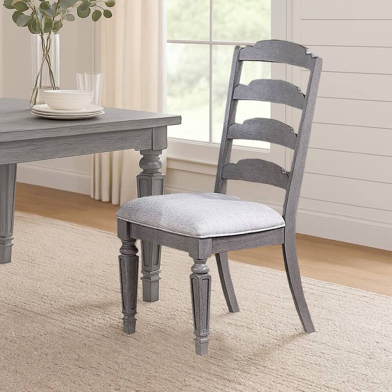 Winie Dining Side Chair Set of 2, Carved, Ladder Back, Light Gray Wood