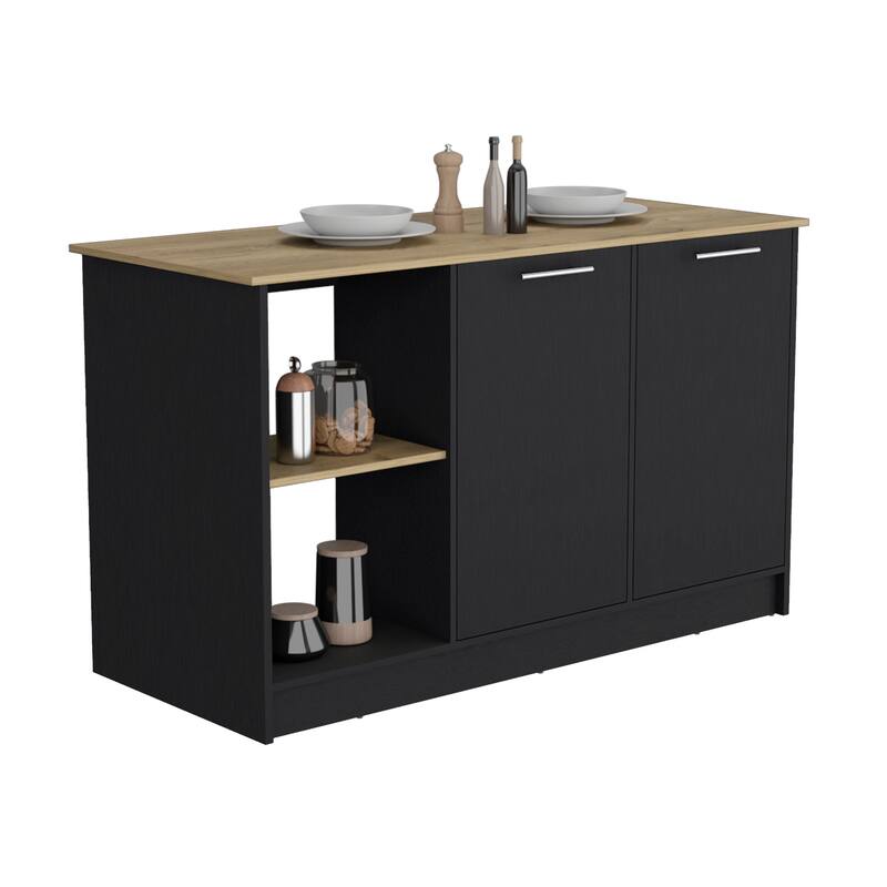 Kitchen Island with Large Countertop, Open Storage Shelves and Double Door Cabinet