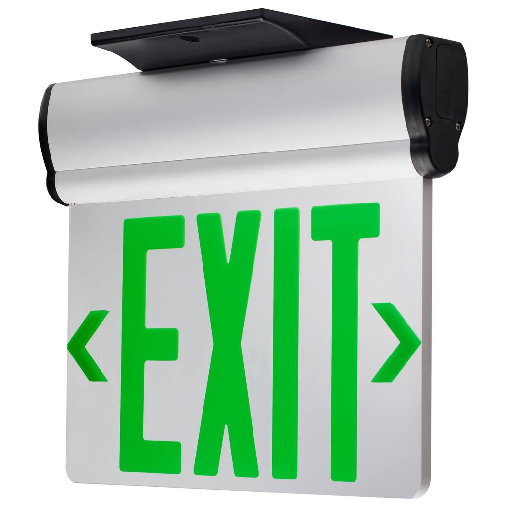 Green (Mirror) Edge Lit LED Exit Sign 90min Ni-Cad backup 120/277V - Silver