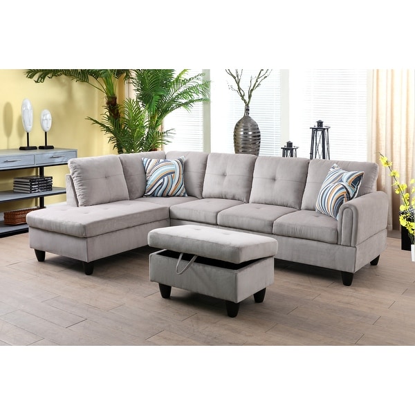 Fionaclare 3-Pieces Sectional Sofa Set,Grey White,Corduroy(09716)