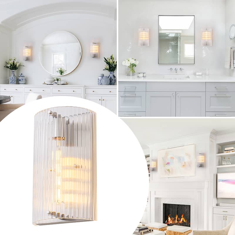 Brushed Nickel Wall Sconce Half-Cylinder Fluted Clear Glass Shade