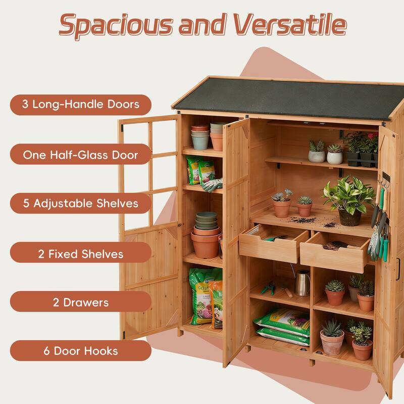 72" Large Patio Garden Shed with Waterproof Roof, Outdoor Storage Cabinet with Workstation & Hooks