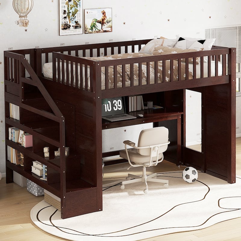 Children's Bedroom Solid Wood Loft Bed with Movable Desk, Storage Stairs, Shelves, Safety Guardrails and Optional Full or Twin - Espresso - Full