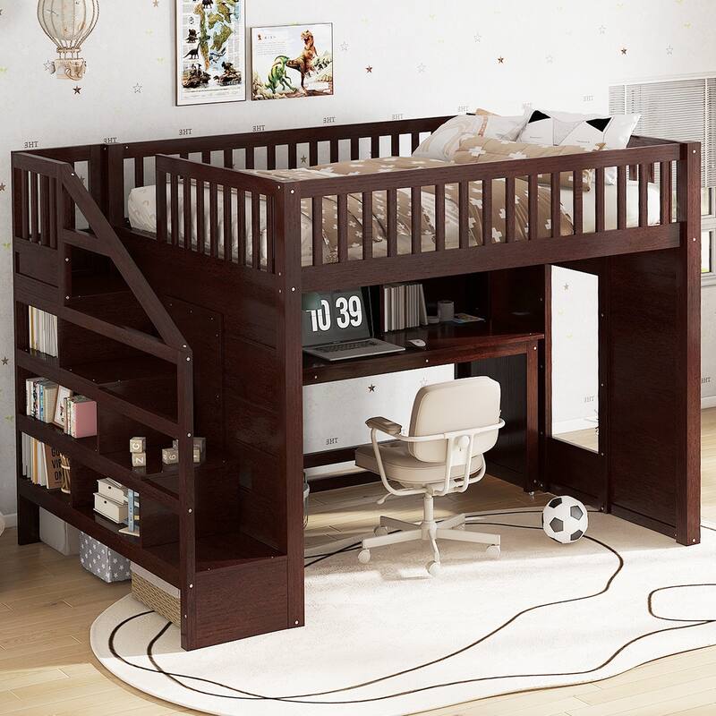 Roomfitters Loft Bed with Movable Desk and Storage Stairs, Solid Wood Workstation