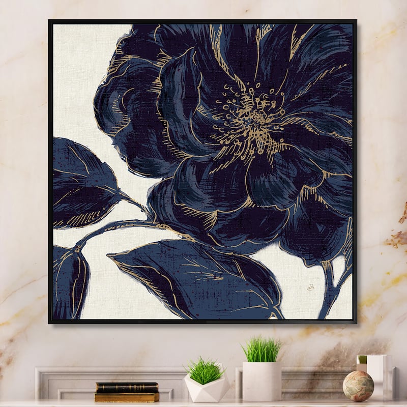 Designart "Dark Rose Gilded Gold" Floral Framed Canvas