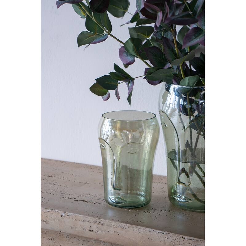 Decorative Glass Vases Set of 2 with Face Motifs Green Artisan Crafted