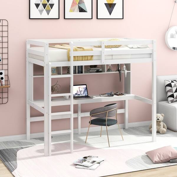 slide 2 of 9, Twin Size Modern Style Loft Bed with Shelves, and Ladder,Convenient Desk,Design For Kids White