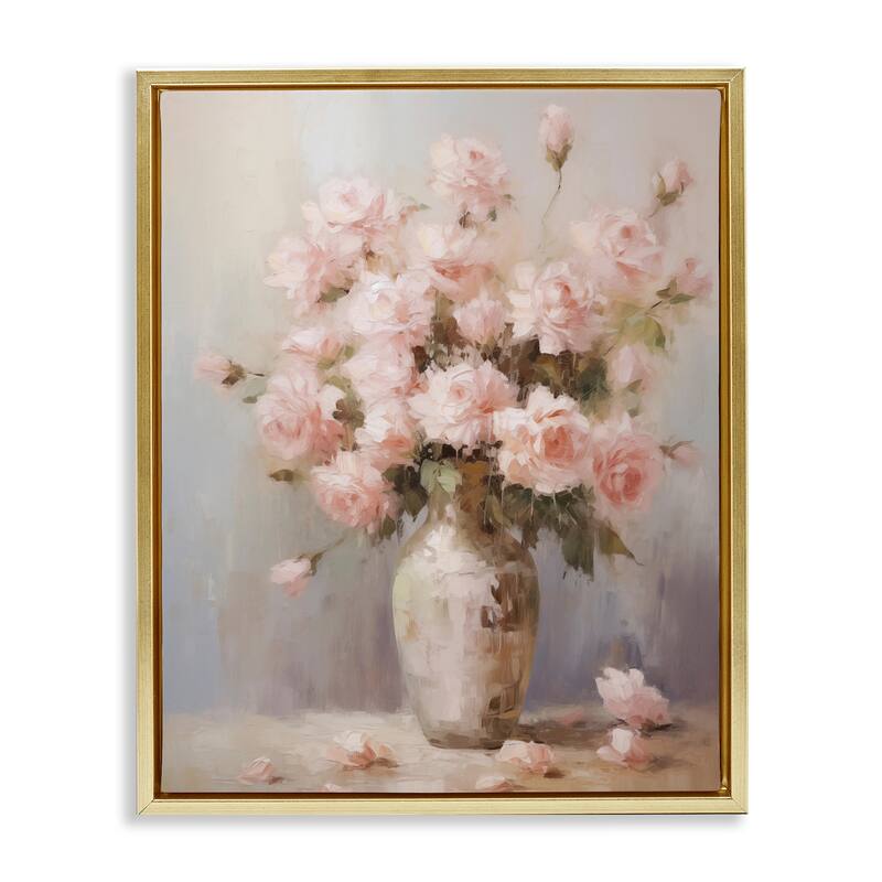 Stupell Vase of Soft Pink Roses Framed Floater Canvas Wall Art Design By Arlington Prints - 25 x 31 - Gold