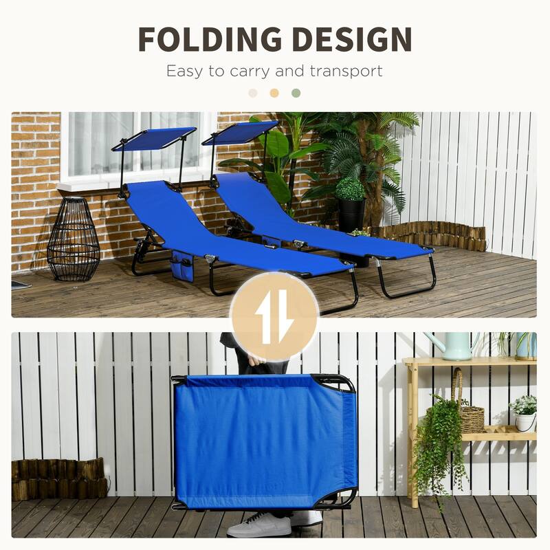 Outdoor Folding Recliner with Side Pocket and Awning