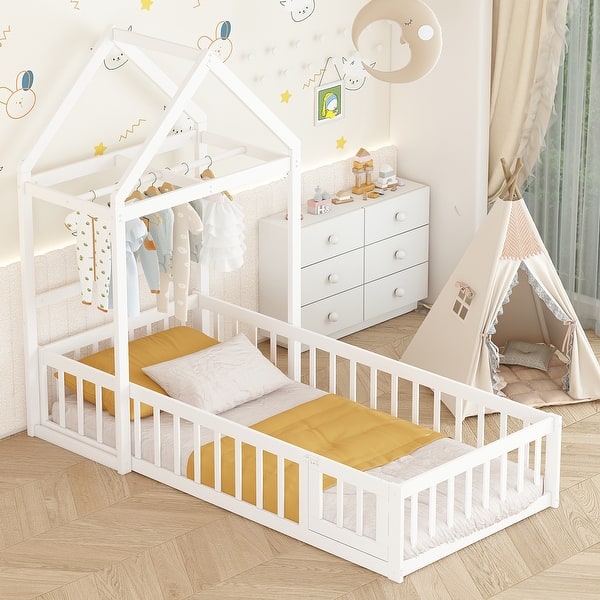 slide 2 of 13, Wooden Floor Bed with Fence Railings and Detachable House Shape Headboard, Twin Size Bed White