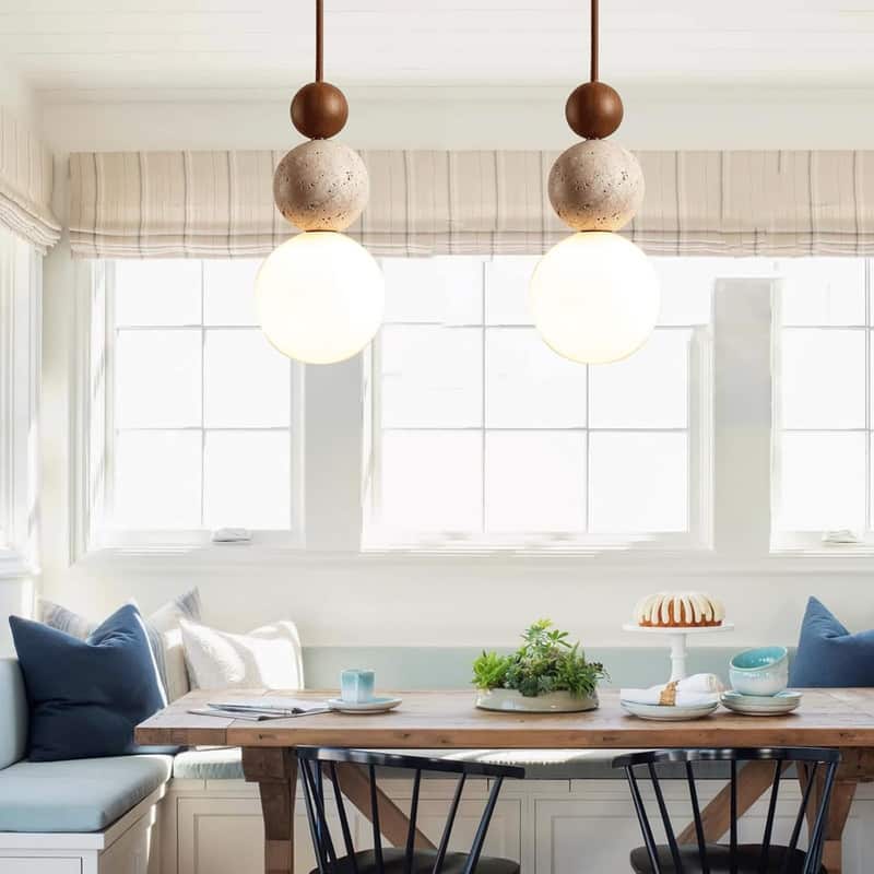 Modern light fixture brown hanging light glass, wood, yellow restaurant light