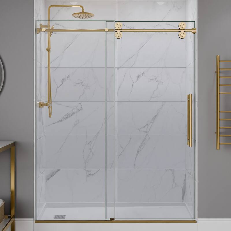 ANZZI Series 56 to 60 in. x 76 in. Frameless Shower Door with Sliding with Tsunami Guard Tempered Clear Glass - brushed gold