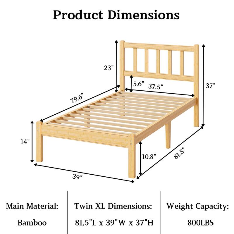 37 Inch Solid Bamboo Bed Frame with Headboard, Stylish & Sturdy Sleep Solution