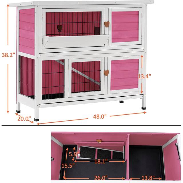 Lovupet Rabbit Hutch Cage with Pull Out Tray, 2 Stroy Outdoor Indoor Wooden Bunny Cage, Rabbit House 0323