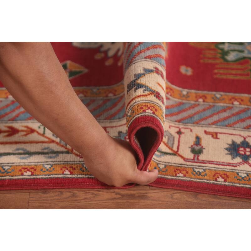 Geometric Red Kazak Area Rug Handmade Oriental Wool Carpet - 6'6" x 9'10"