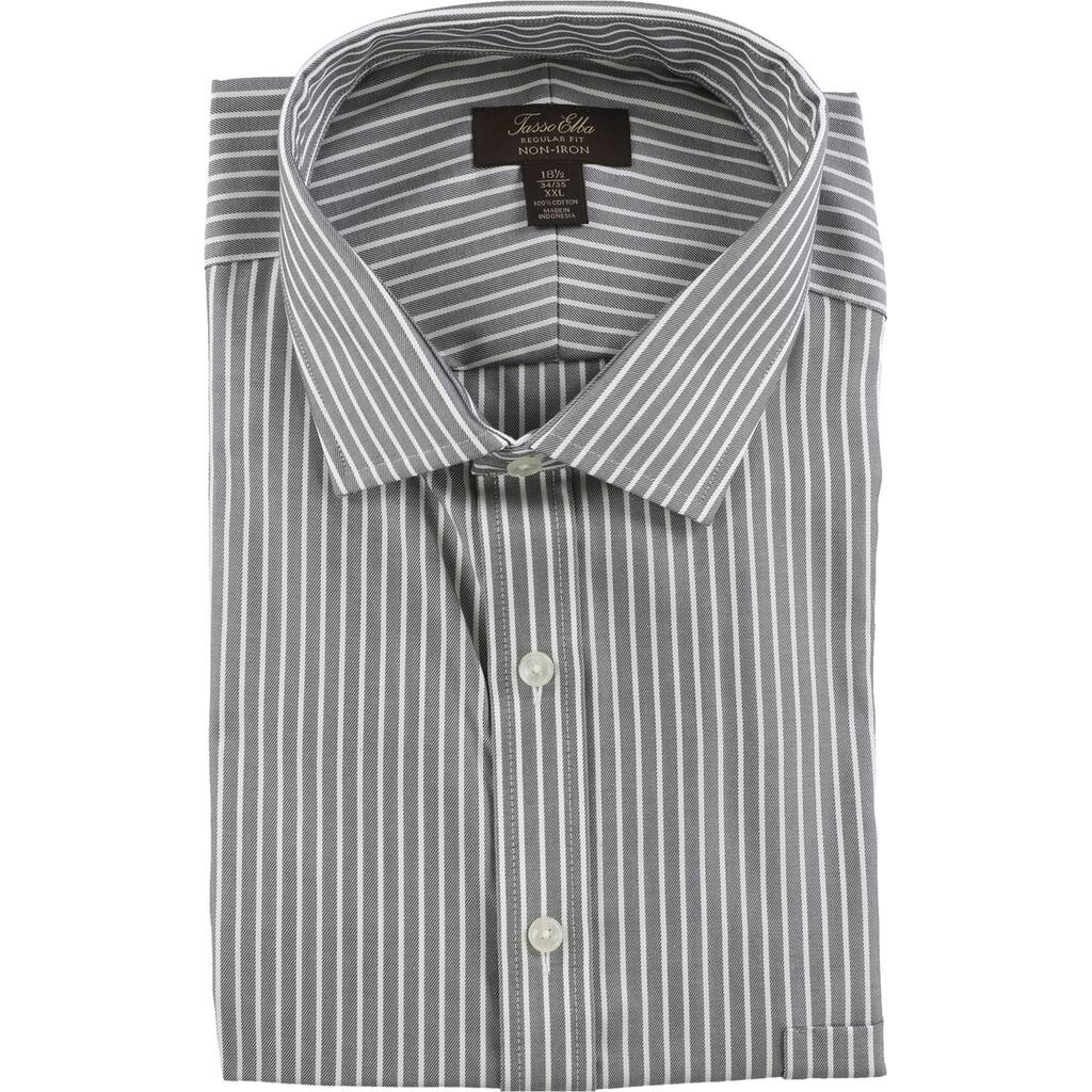 Tasso Elba Mens Non-Iron Twill Button Up Dress Shirt, Grey, 18" Neck 36"-37" Sleeve