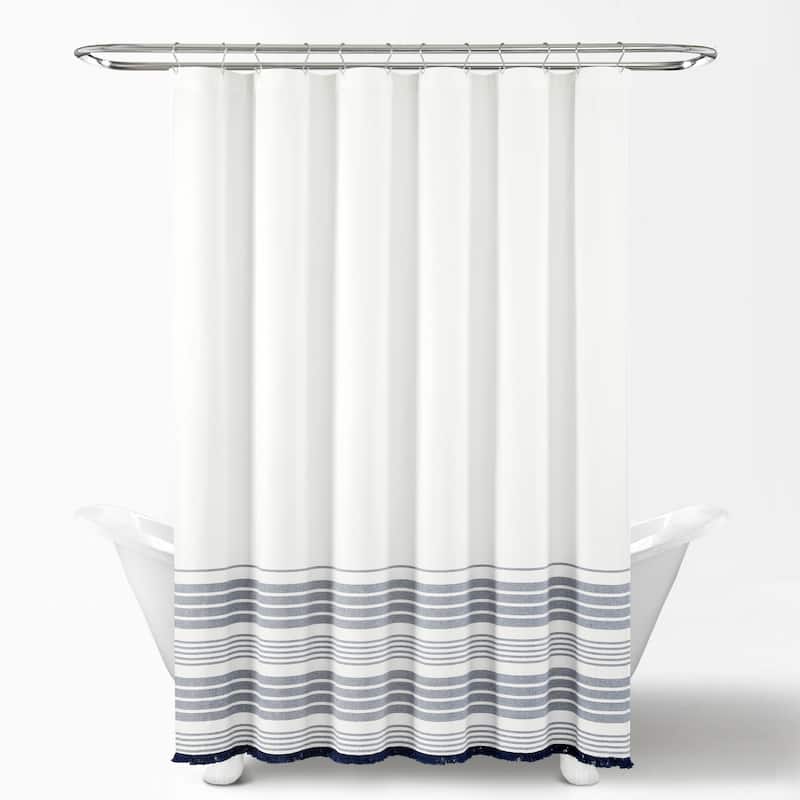 Lush Decor Nantucket Yarn Dyed Cotton Tassel Fringe Shower Curtain - White/Navy