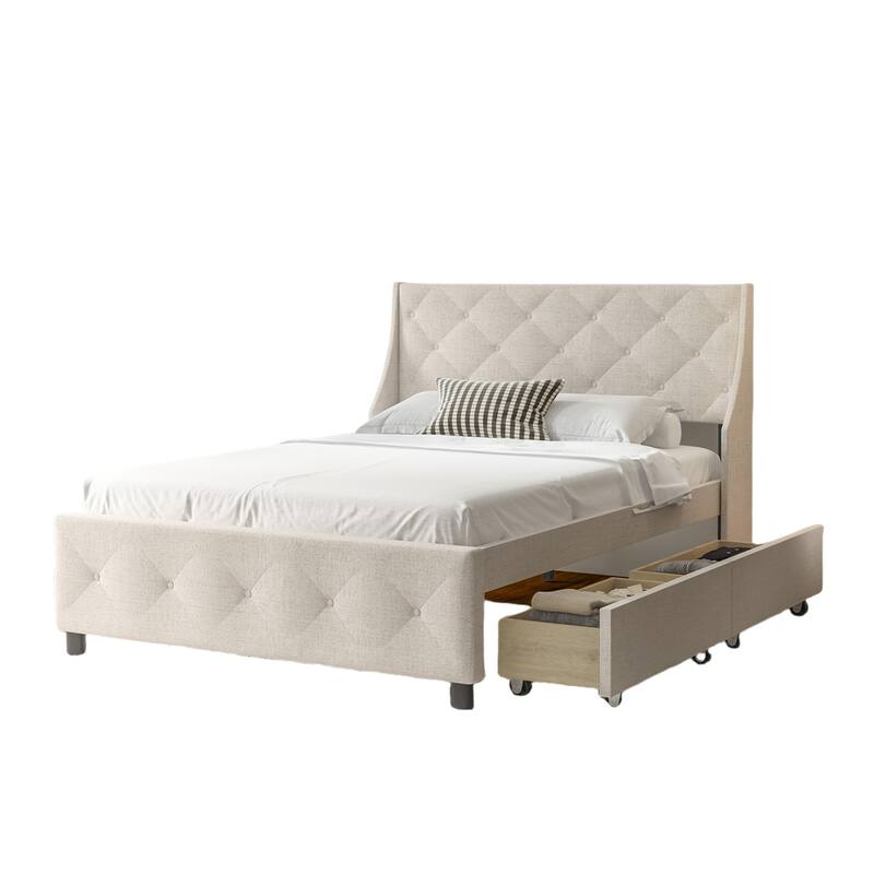 Metal Queen Storage Platform Bed Frame with Headboard, No Box Spring