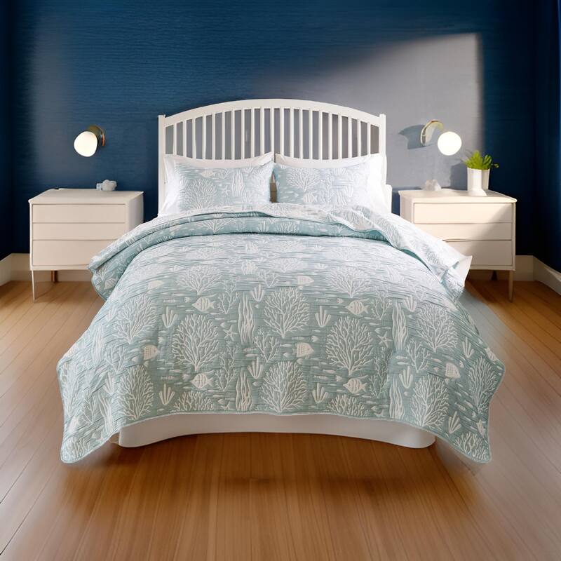 Amy 3pc Cal King Coverlet and Pillow Sham Set, Coastal Design, Seafoam Blue