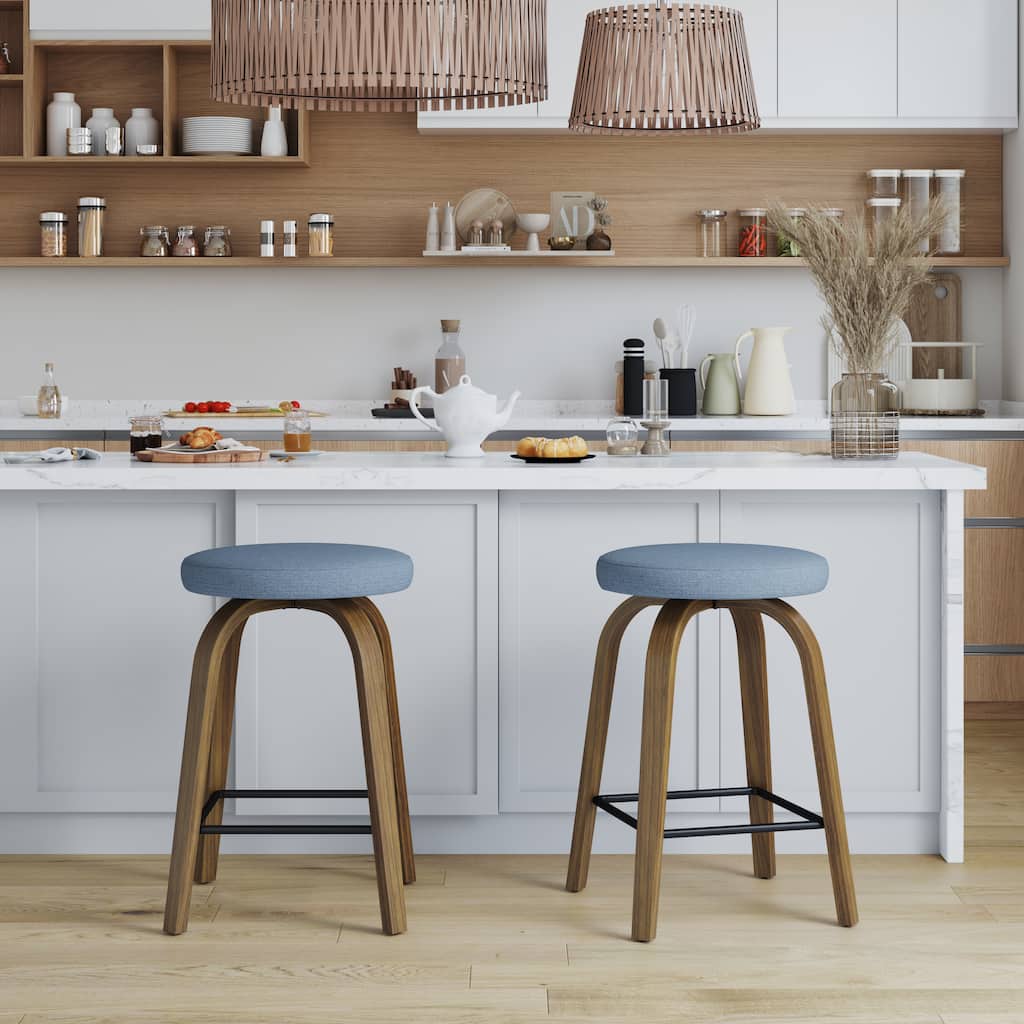 Swivel Bar Stools Set of 2, Counter Height Backless 26″Bar Stools, Fabric Upholstered Seat, Sturdy Wood Legs and Metal Footrest