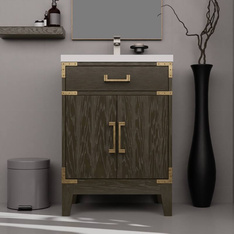 24" Bathroom Vanity with Acrylic Top, 18" Frameless Mirror, and Chrome Gooseneck Faucet for Modern Bathrooms