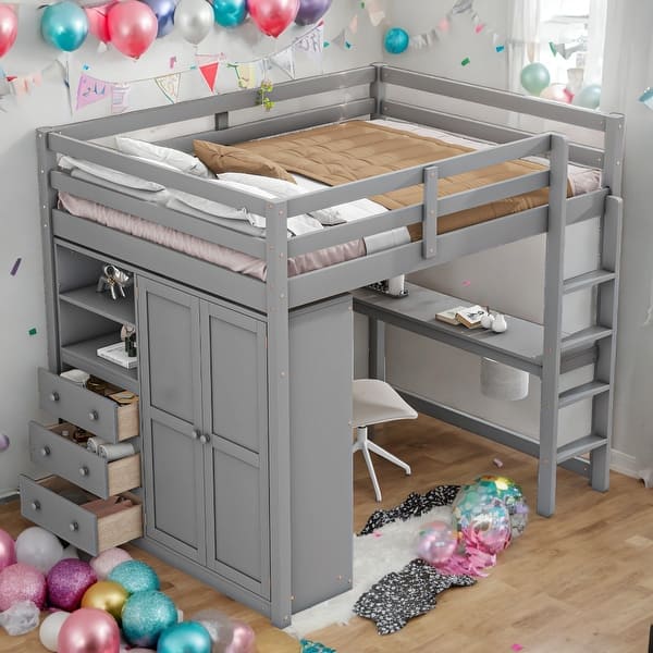 slide 2 of 9, Full Size Loft Bed With Built-in Wardrobe,Desk,Shelves,Drawers for Home Grey