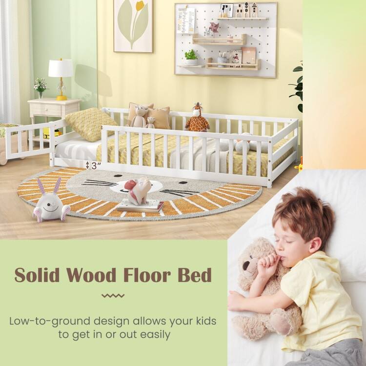 Twin Size Kids Wood Montessori Floor Bed with Door and Fence