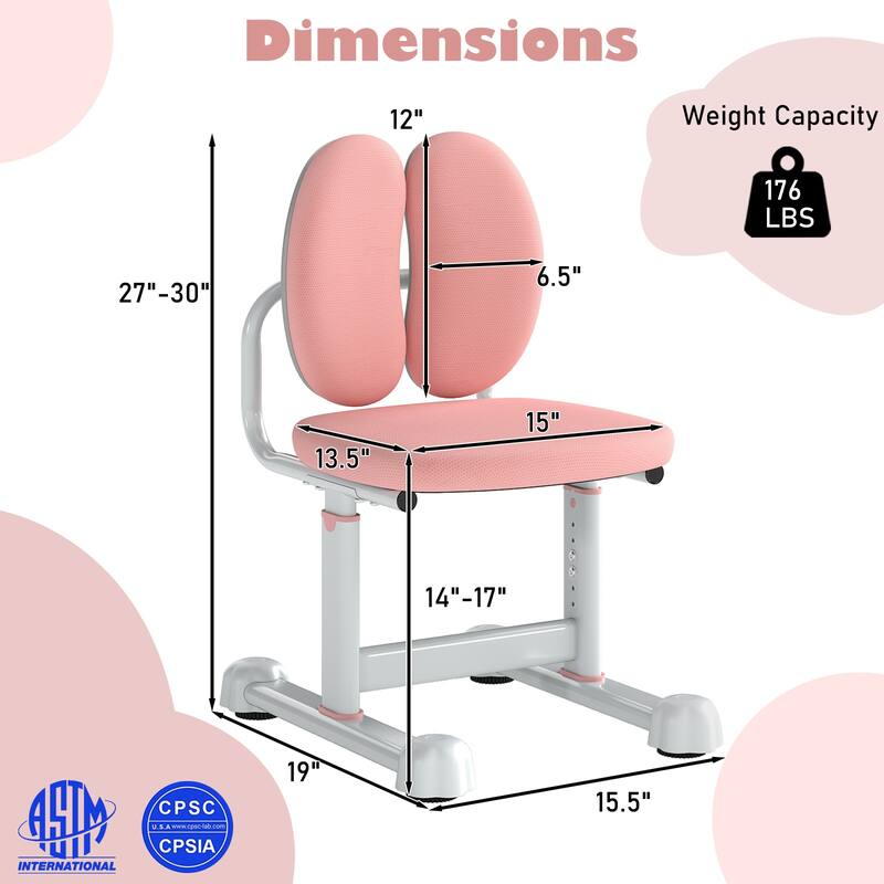 Adjustable Kids Desk Chair with Ergonomic Backrest Padded Foam Seat Metal Frame for Study and Play Ages 3 Plus