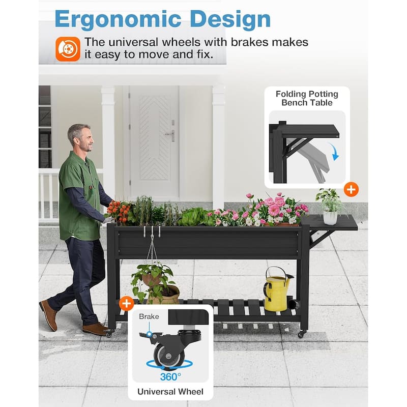 WINSOON Raised Garden Bed with Wheels and Folding Potting Bench Table