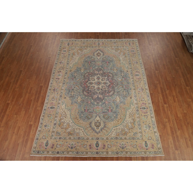 Blue / Medallion Tabriz Persian Vintage Rug Handmade Wool Carpet - 7'11" x 11'1"