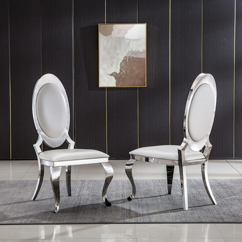 Set of 2 Leatherette Dining Chair with Oval Backrest and Steel Legs