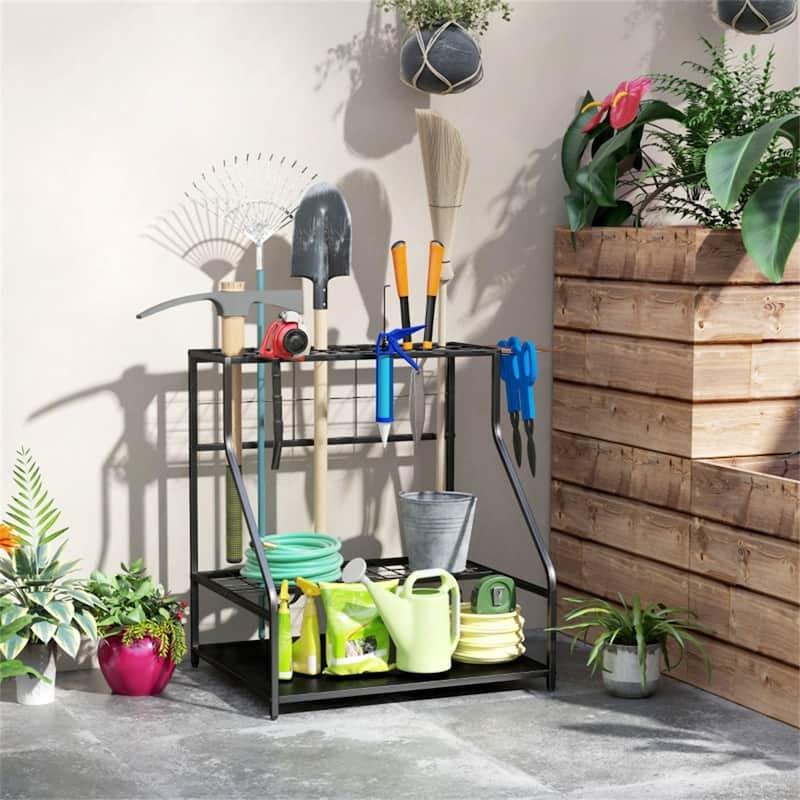 3 Tier Garden Tool Storage Rack Metal Organizer with Hooks and Shelves for Indoor and Outdoor Use - 33.1" L x 20.9" W x 28.7" H