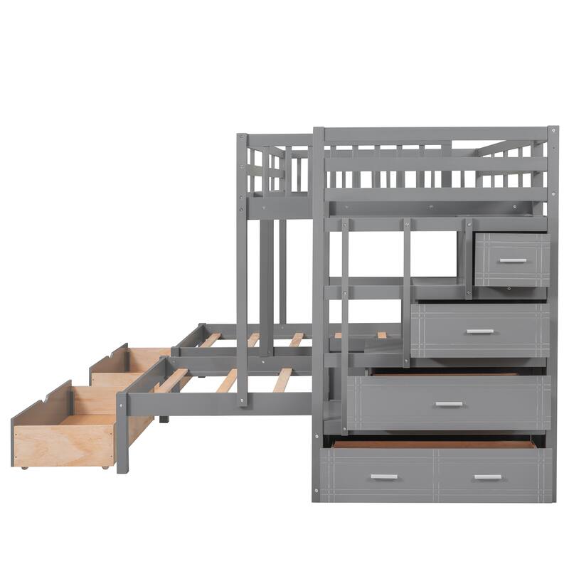 Space-Saving Full Over Twin & Twin Bunk Bed with Drawers and Guardrails, Gray