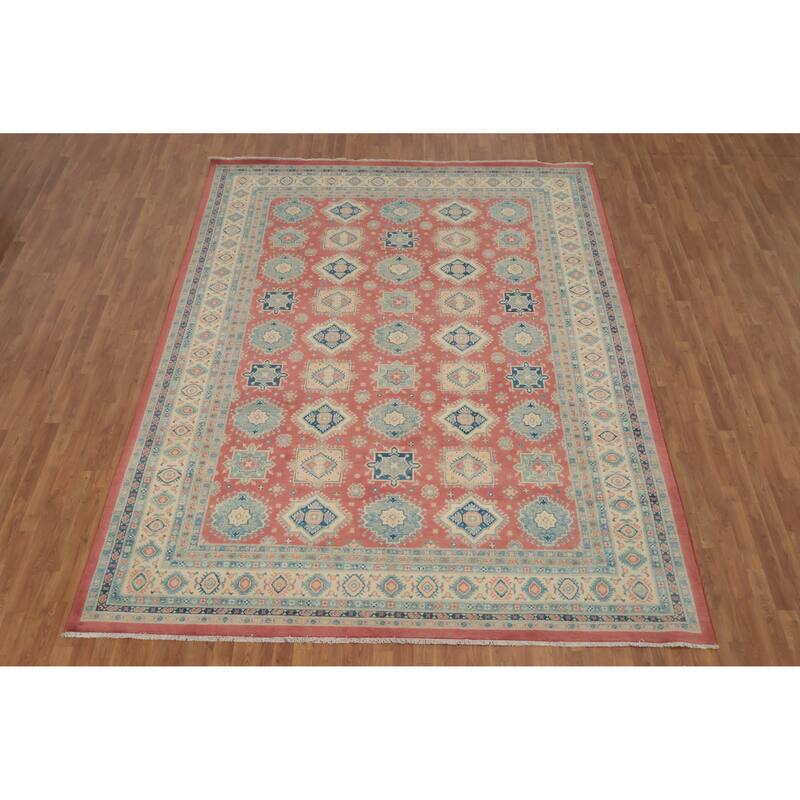 Hand Knotted Oriental 100% Wool Carpet Traditional Geometric Pink Kazak Area Rug - 11' 9'' X 9' 1''