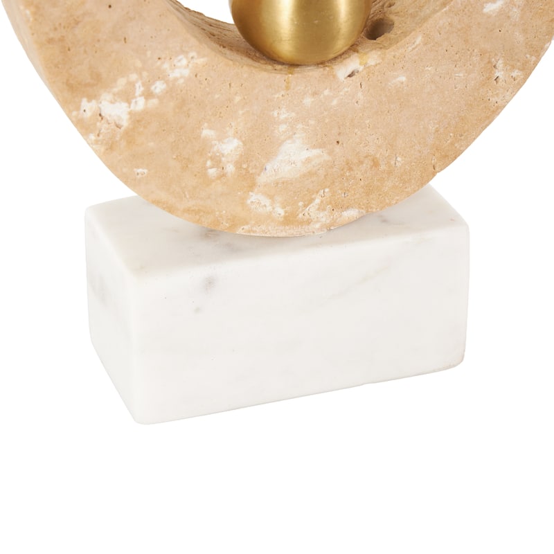 Cream Marble Oval Abstract Decorative Sculpture with Gold Ball and White Base