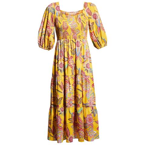 Johnny Was Womens Mladen Smocked Yellow Floral Midi Sundress