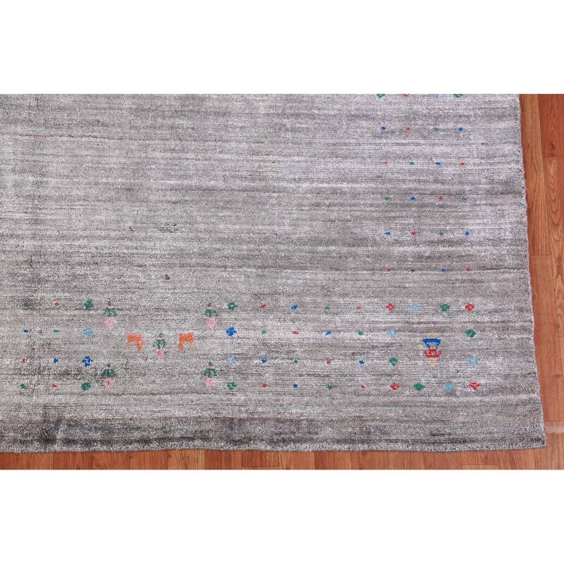 Hand Knotted Oriental Viscose Silk Carpet Tribal Stripe Greys & Charcoal Gabbeh Area Rug - 9' 9'' X 8' 0''