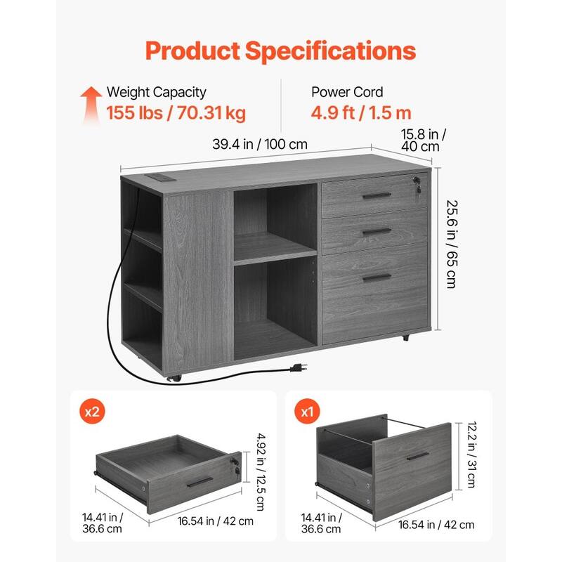 Space-Saving 3 Drawers Office Storage Cabinet with Lockable Compartments and Adjustable Shelves