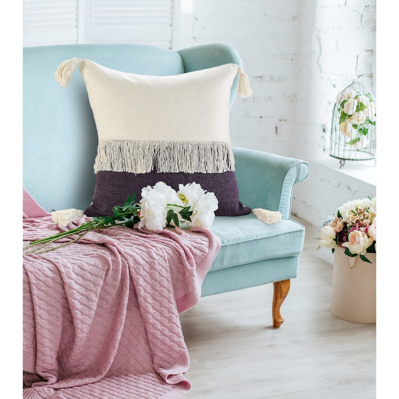HomeRoots 20" X 20" Purple And Off-White 100% Cotton Zippered Pillow