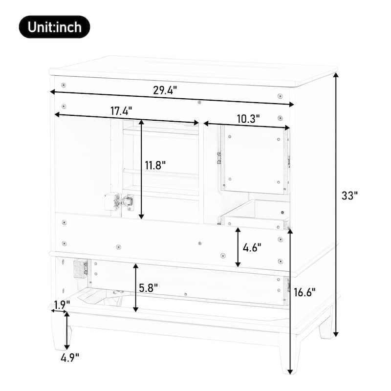 30 Inch Bathroom Vanity with Ceramic Sink, Freestanding Cabinet with 1 Door, Adjustable Shelf & 3 Drawers, Soft-Close Door