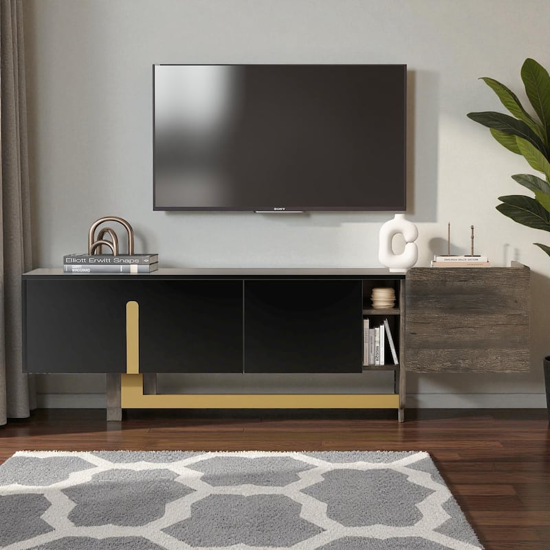 66.7'' Modern Luxury TV Stand with Metal Legs, Drawer, Cabinets & Adjustable Shelves, Fits TVs up to 70'' - Black