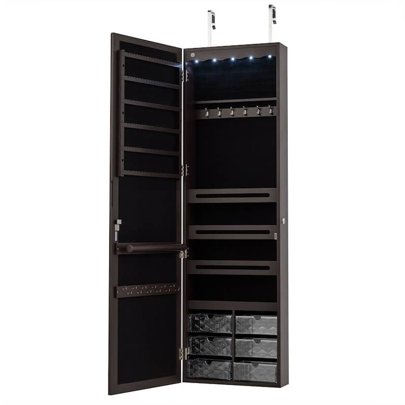 Gymax Wall Door Mounted Jewelry Cabinet Organizer LED Mirror Brown