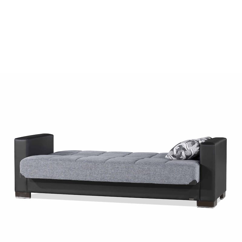 HomeRoots 87" Gray And Black Chenille And Faux Leather Convertible Futon Sleeper Sofa And Toss Pillows With Storage