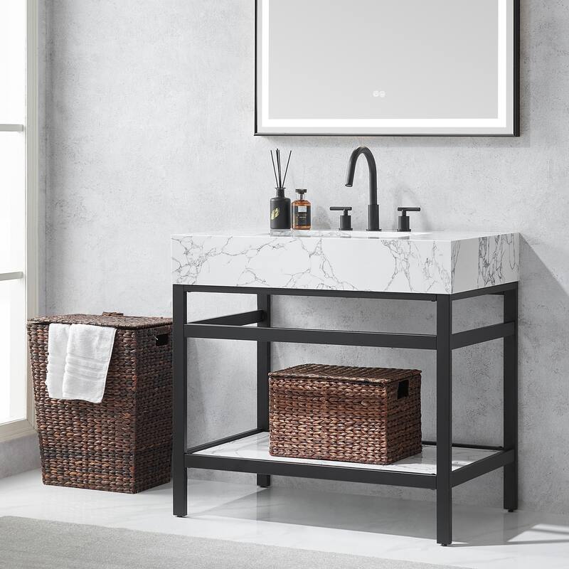 Ecija Bath Vanity, Metal Support with Composite Stone Top and Mirror