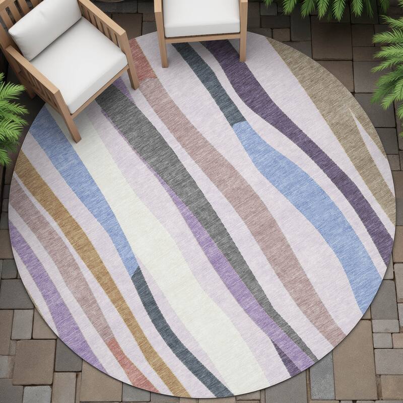 Machine Washable Indoor/Outdoor Modern Stripes Chantille Rug - Lavender - 8' x 8'