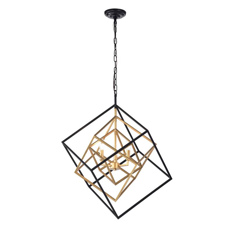 3-light Goldtone/Matte Black Nested Cube Frames Chandelier