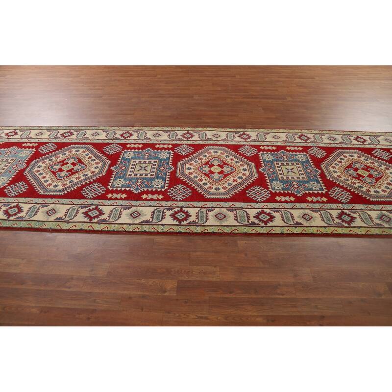 Red Geometric Kazak Runner Rug Handmade Oriental Wool Carpet - 4'1" x 13'8"