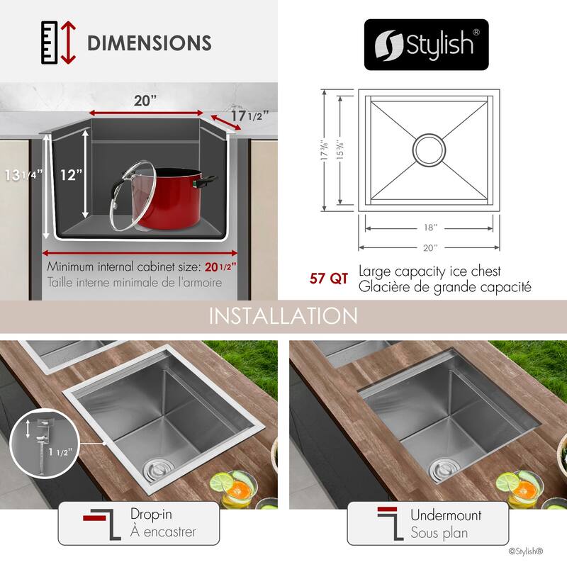 20" Dual-Mount Stainless Steel Insulated Ice Chest Workstation Sink with Dura-Tek Handmade